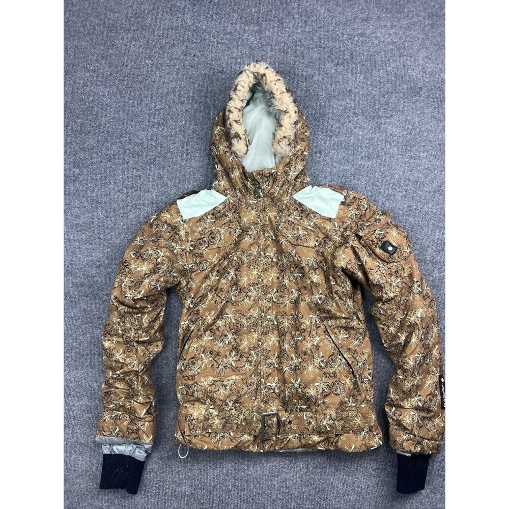 Rossignol Coat Women's M Brown Floral Betsy Faux Fur Hood Belted Snow Ski Jacket